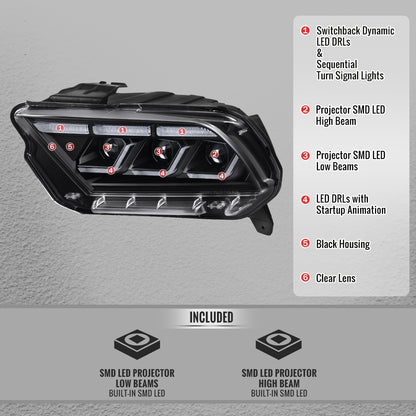 2010-2014 Ford Mustang Full LED Projector Headlights Sequential Turn Signal Switchback DRL  (Matte Black Housing / Clear Lens)