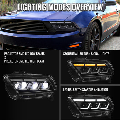 2010-2014 Ford Mustang Full LED Projector Headlights Sequential Turn Signal Switchback DRL  (Matte Black Housing / Clear Lens)