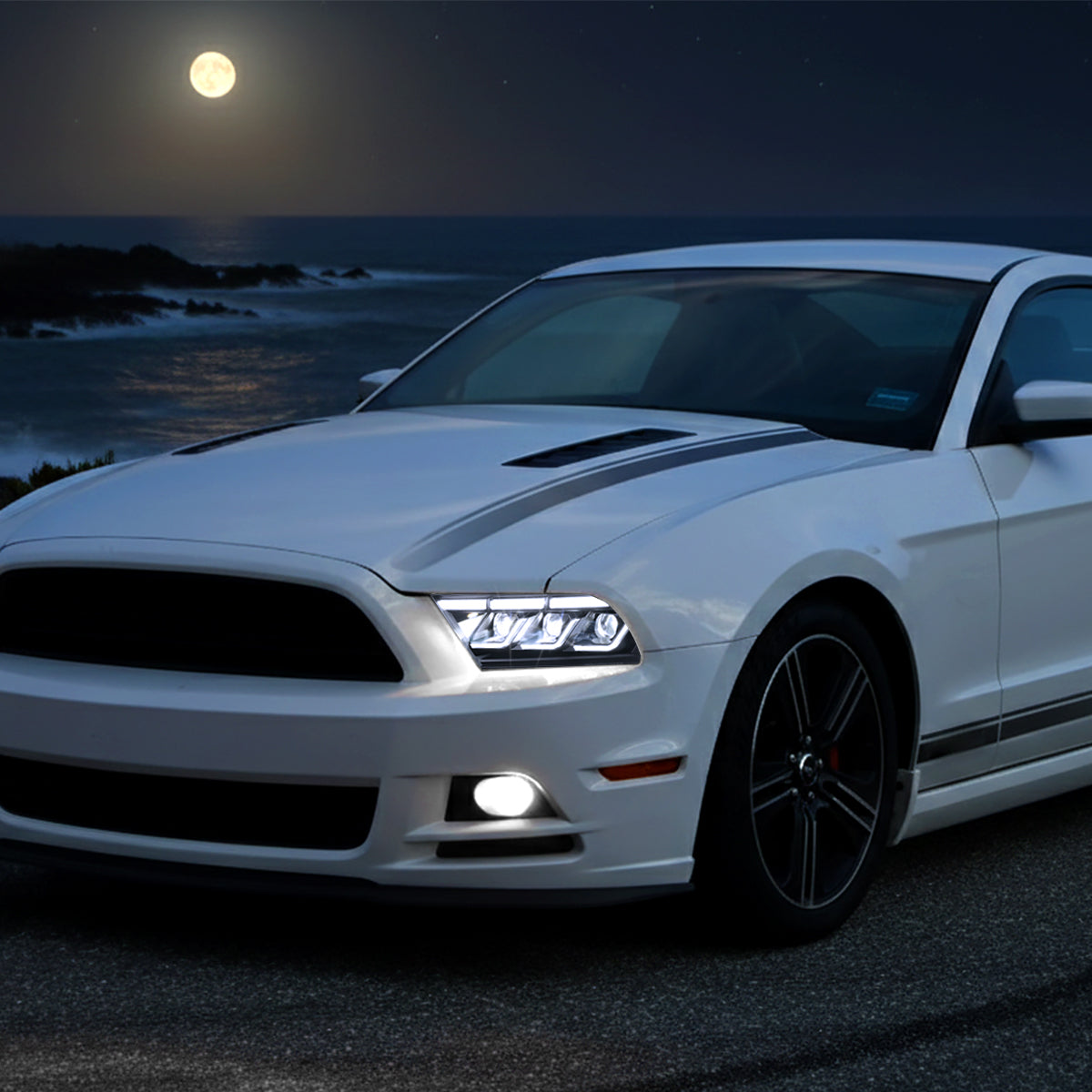 2010-2014 Ford Mustang Full LED Projector Headlights Sequential Turn Signal Switchback DRL  (Matte Black Housing / Clear Lens)