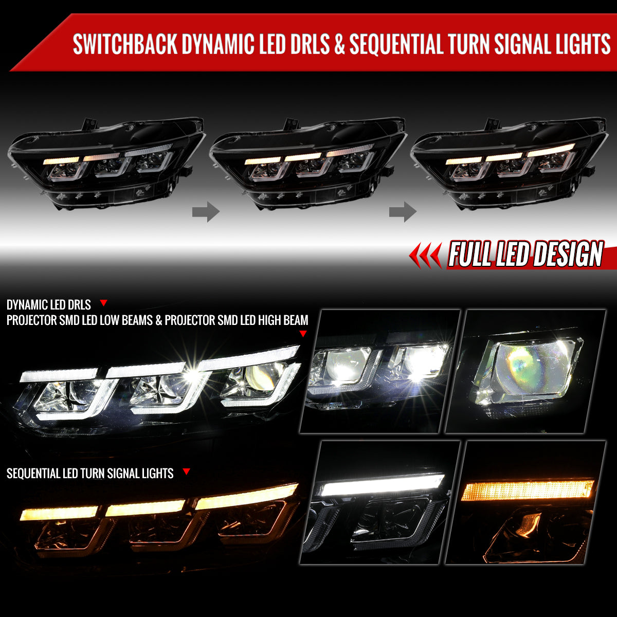 2015â€“2017 Ford Mustang Full LED Projector Headlights Switchback Sequential with Start-Up Animation (Glossy Black Housing / Clear Lens)