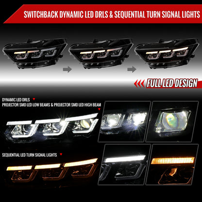 2015â€“2017 Ford Mustang Full LED Projector Headlights Switchback Sequential with Start-Up Animation (Glossy Black Housing / Clear Lens)