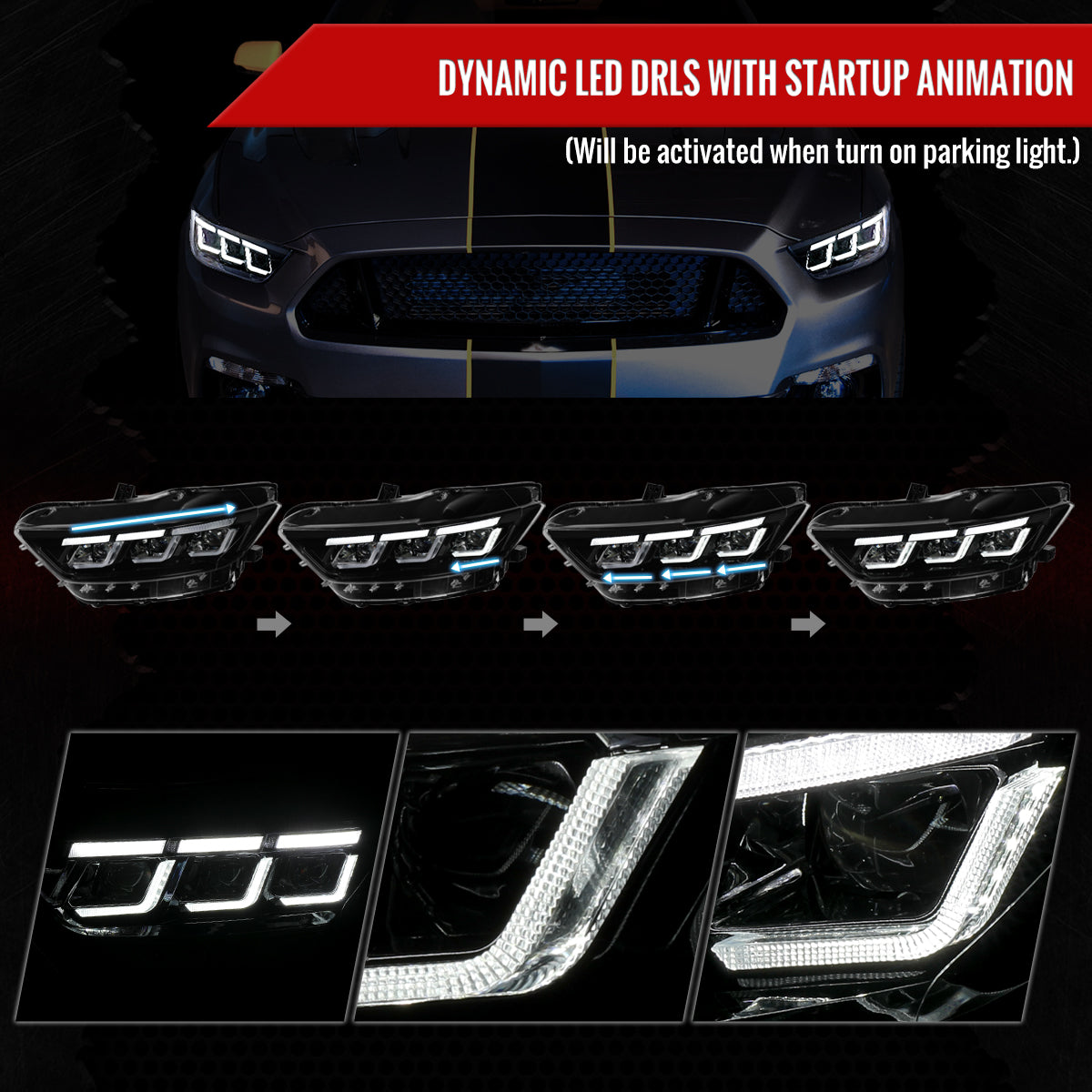 2015â€“2017 Ford Mustang Full LED Projector Headlights Switchback Sequential with Start-Up Animation (Glossy Black Housing / Clear Lens)