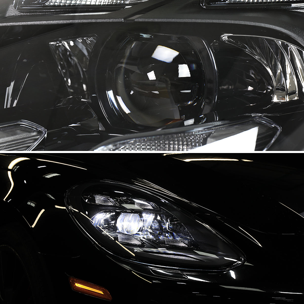 2017-2022 Porsche Panamera Matrix Style LED Projector Headlights w/ DRL (Matte Black Housing / Glossy Black Accents / Clear Lens)