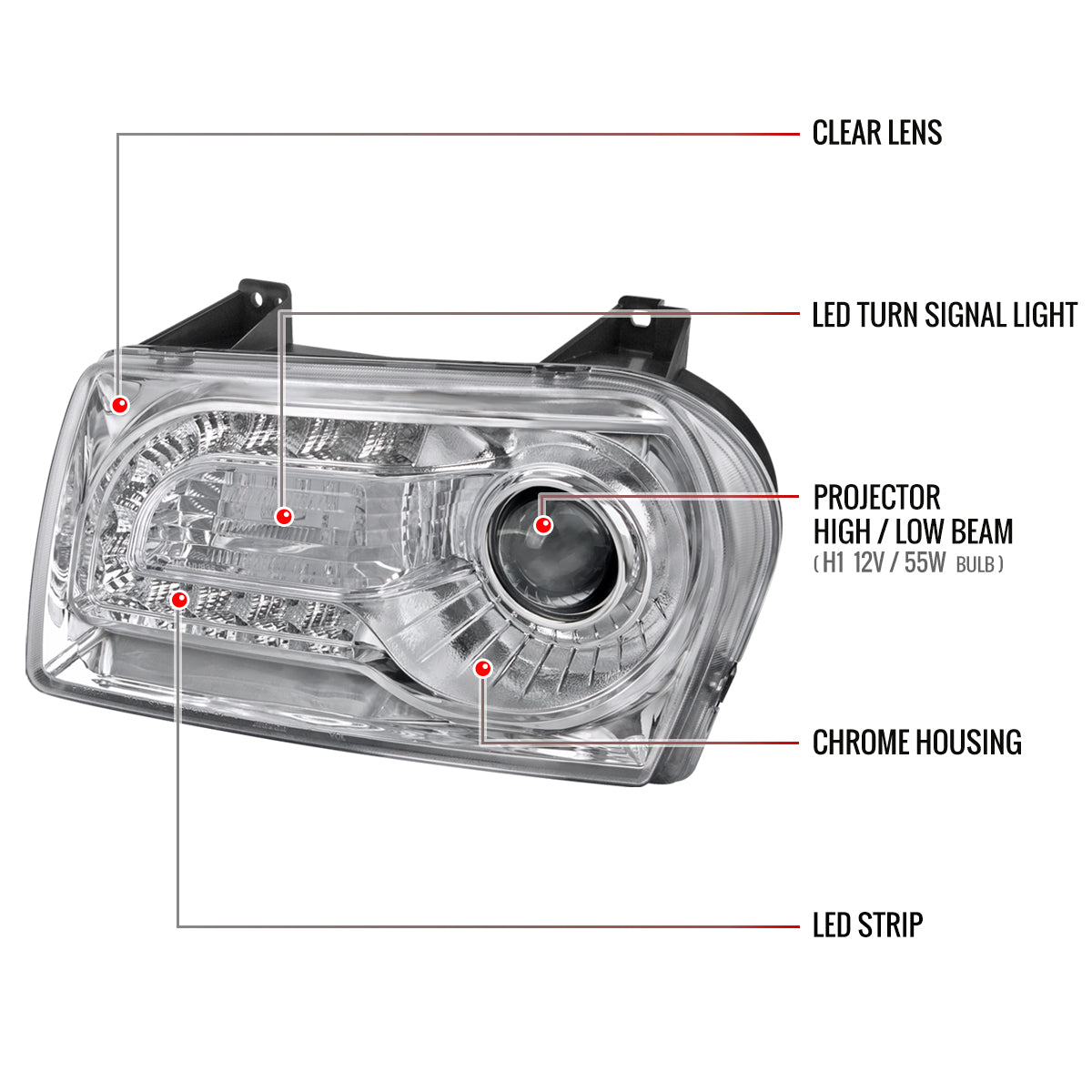 2005-2010 Chrysler 300 Base/LX/Touring Projector Headlights w/ LED Light Strip & LED Turn Signal Lights (Chrome Housing/Clear Lens)