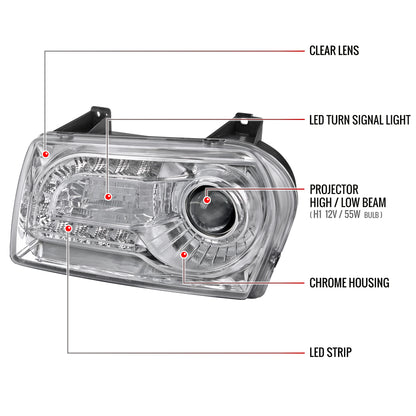2005-2010 Chrysler 300 Base/LX/Touring Projector Headlights w/ LED Light Strip & LED Turn Signal Lights (Chrome Housing/Clear Lens)