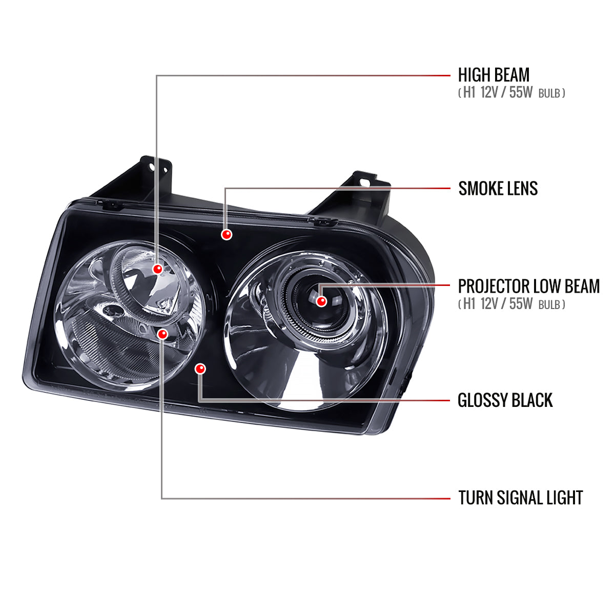 2005-2010 Chrysler 300 Base/LX/Touring Projector Headlights (Glossy Black Housing/Smoked Lens)