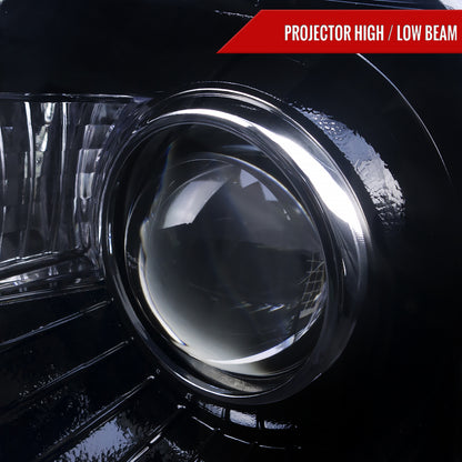 2005-2010 Chrysler 300 Base/LX/Touring Projector Headlights w/ LED Light Strip & LED Turn Signal Lights (Glossy Black Housing/Smoked Lens)