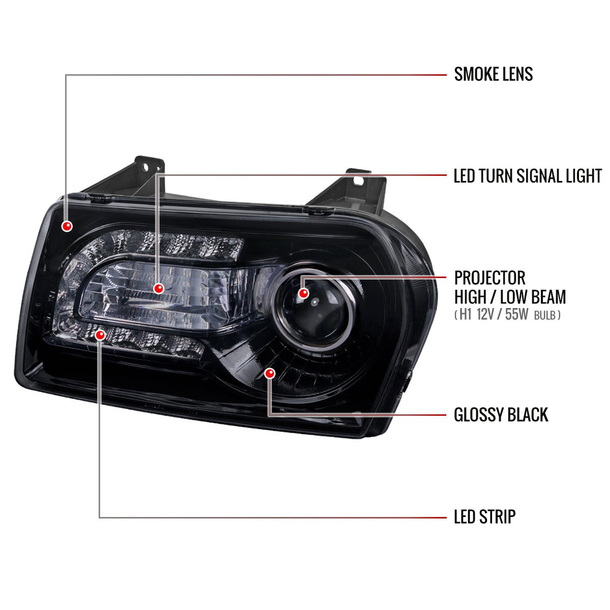 2005-2010 Chrysler 300 Base/LX/Touring Projector Headlights w/ LED Light Strip & LED Turn Signal Lights (Glossy Black Housing/Smoked Lens)