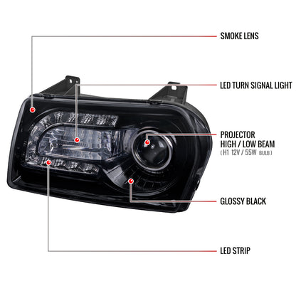 2005-2010 Chrysler 300 Base/LX/Touring Projector Headlights w/ LED Light Strip & LED Turn Signal Lights (Glossy Black Housing/Smoked Lens)