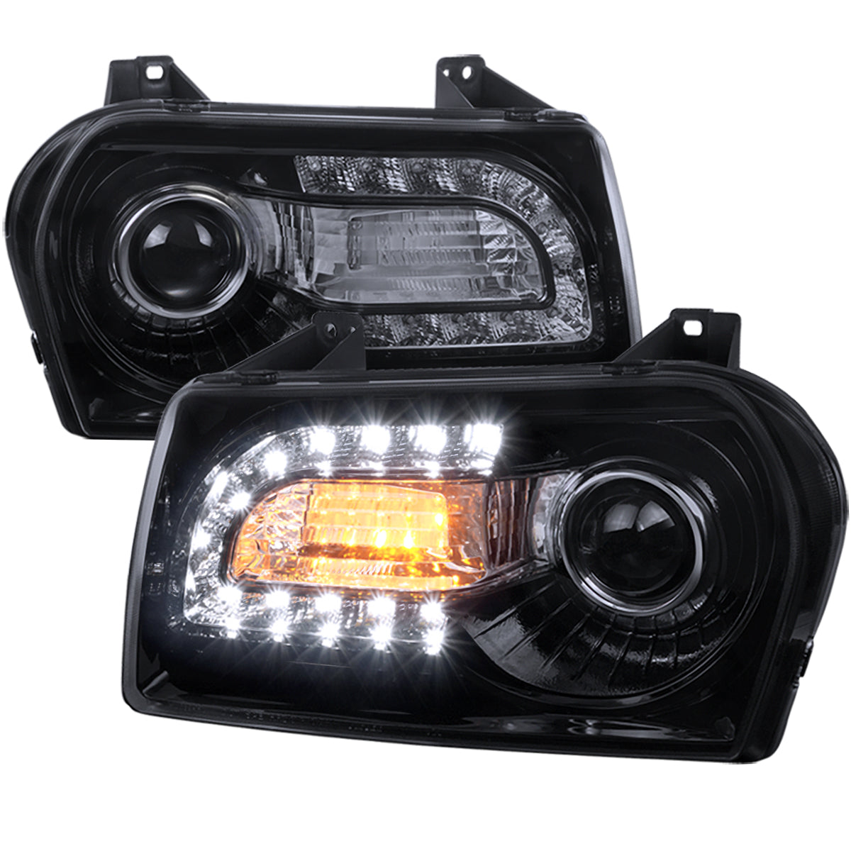 2005-2010 Chrysler 300 Base/LX/Touring Projector Headlights w/ LED Light Strip & LED Turn Signal Lights (Glossy Black Housing/Smoked Lens)
