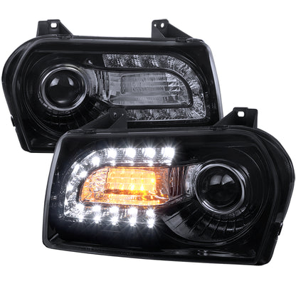 2005-2010 Chrysler 300 Base/LX/Touring Projector Headlights w/ LED Light Strip & LED Turn Signal Lights (Glossy Black Housing/Smoked Lens)