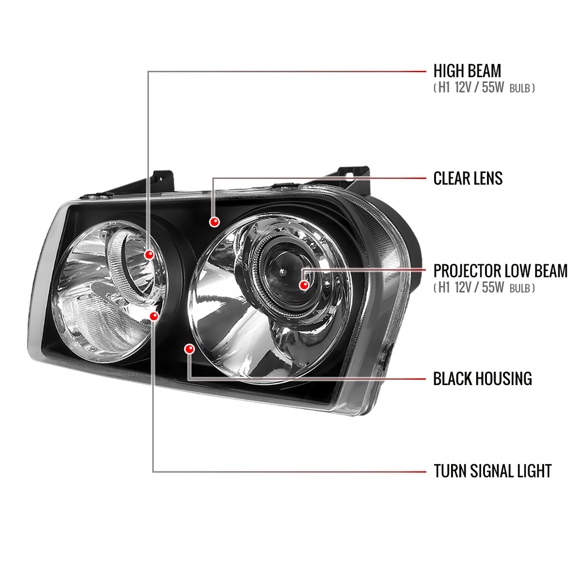 2005-2010 Chrysler 300 Base/LX/Touring Projector Headlights (Matte Black Housing/Clear Lens)