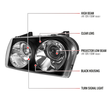 2005-2010 Chrysler 300 Base/LX/Touring Projector Headlights (Matte Black Housing/Clear Lens)