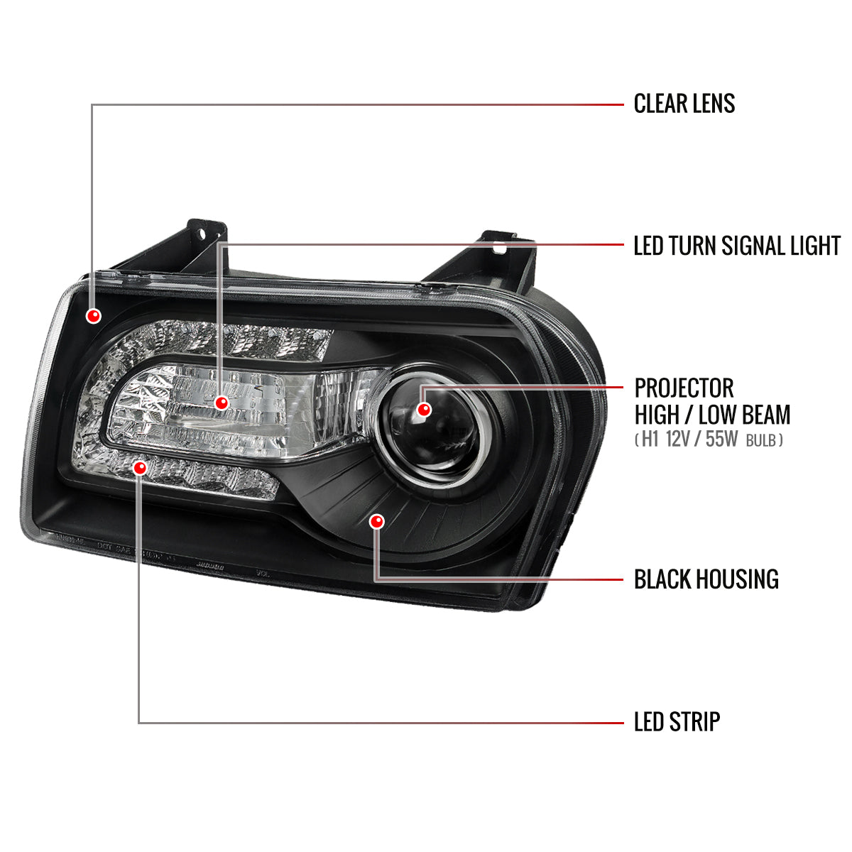 2005-2010 Chrysler 300 Base/LX/Touring Projector Headlights w/ LED Light Strip & LED Turn Signal Lights (Matte Black Housing/Clear Lens)