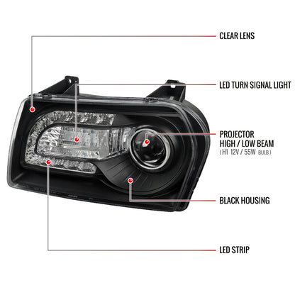 2005-2010 Chrysler 300 Base/LX/Touring Projector Headlights w/ LED Light Strip & LED Turn Signal Lights (Matte Black Housing/Clear Lens)