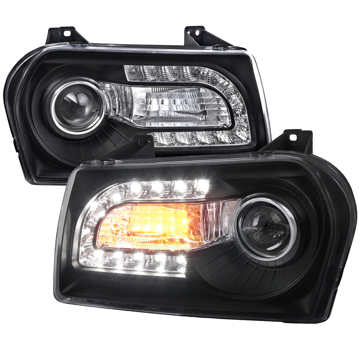 2005-2010 Chrysler 300 Base/LX/Touring Projector Headlights w/ LED Light Strip & LED Turn Signal Lights (Matte Black Housing/Clear Lens)
