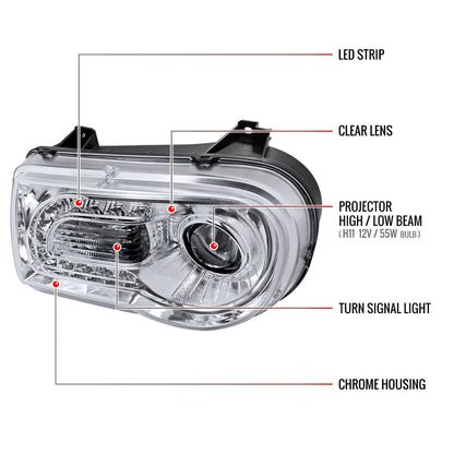 2005-2010 Chrysler 300 Projector Headlights w/ LED Light Strip (Chrome Housing/Clear Lens)