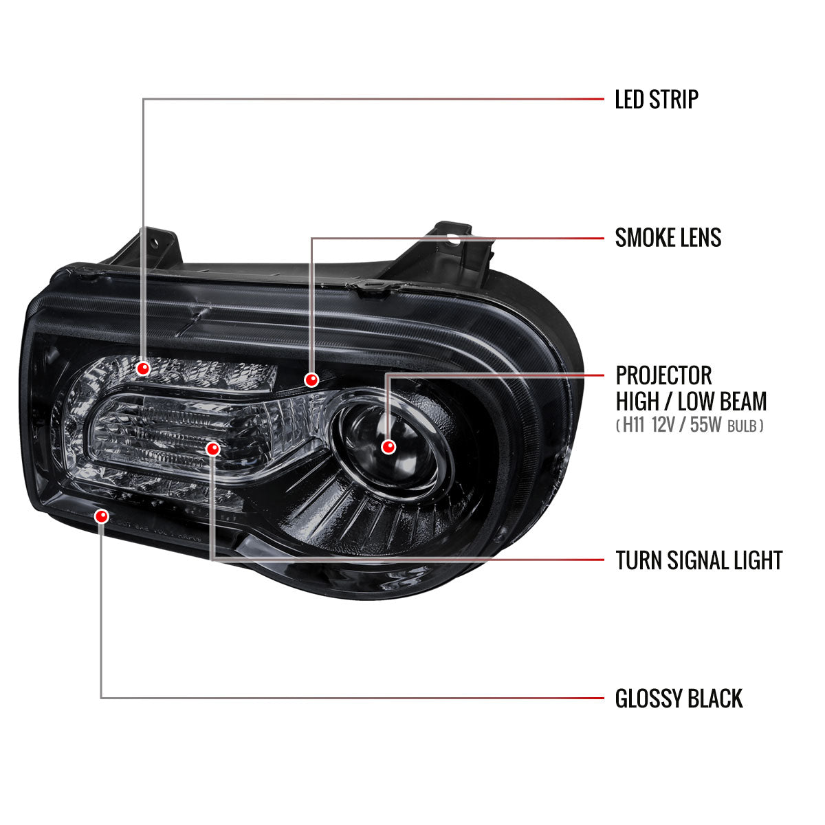 2005-2010 Chrysler 300 Projector Headlights w/ LED Light Strip (Glossy Black Housing/Smoked Lens)