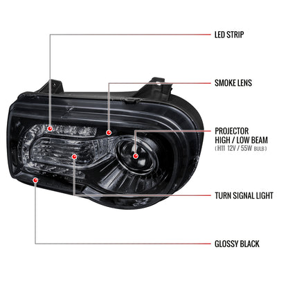 2005-2010 Chrysler 300 Projector Headlights w/ LED Light Strip (Glossy Black Housing/Smoked Lens)