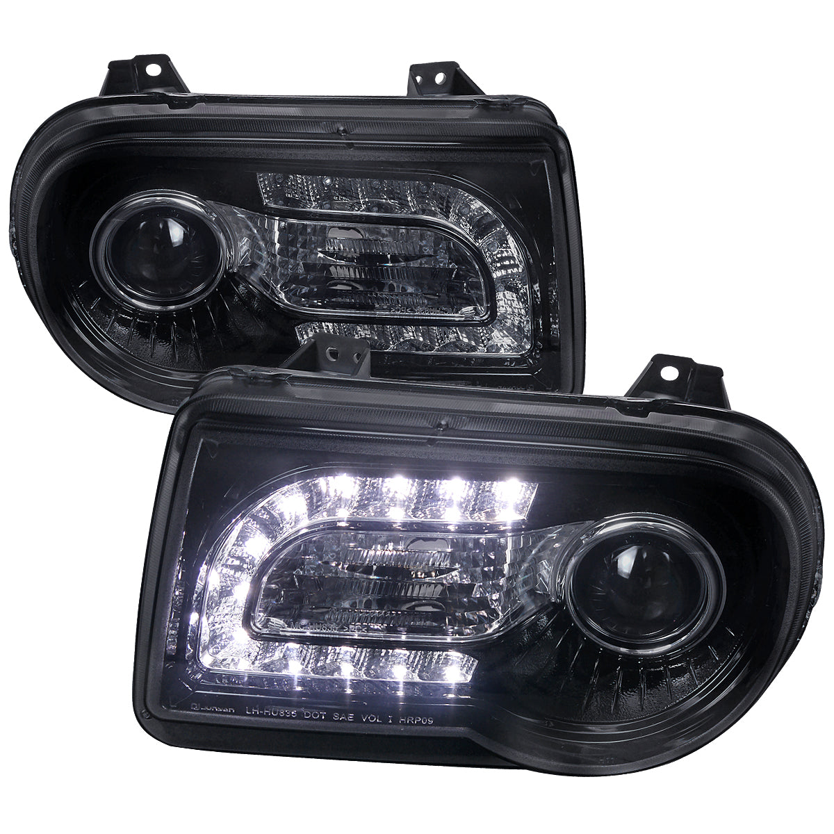2005-2010 Chrysler 300 Projector Headlights w/ LED Light Strip (Glossy Black Housing/Smoked Lens)