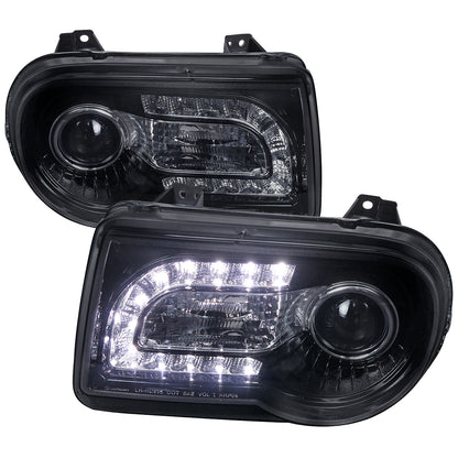 2005-2010 Chrysler 300 Projector Headlights w/ LED Light Strip (Glossy Black Housing/Smoked Lens)