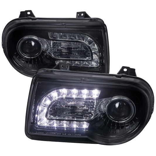 2005-2010 Chrysler 300 Projector Headlights w/ LED Light Strip (Glossy Black Housing/Smoked Lens)
