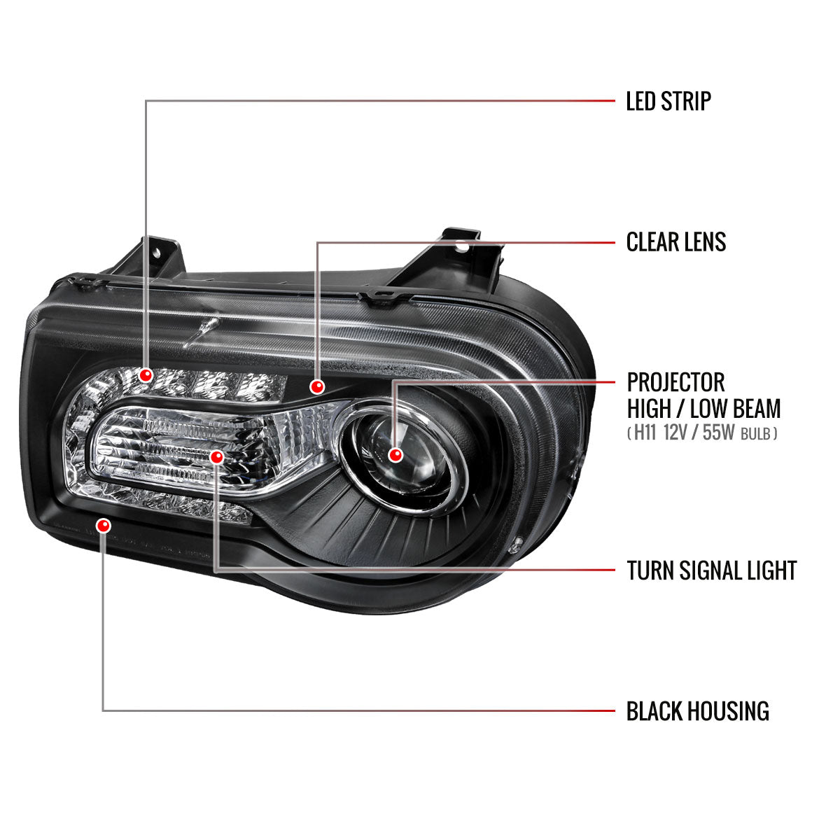 2005-2010 Chrysler 300 Projector Headlights w/ LED Light Strip (Matte Black Housing/Clear Lens)