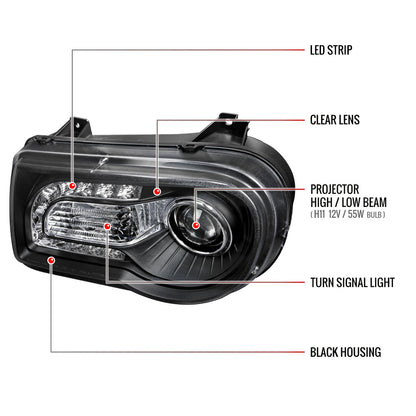 2005-2010 Chrysler 300 Projector Headlights w/ LED Light Strip (Matte Black Housing/Clear Lens)