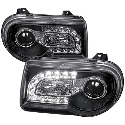 2005-2010 Chrysler 300 Projector Headlights w/ LED Light Strip (Matte Black Housing/Clear Lens)