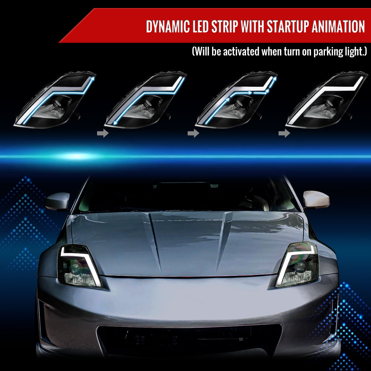 2003-2005 Nissan 350Z Switchback Sequential Turn Signal Animated LED Bar Projector Headlights (Matte Black Housing/Clear Lens)