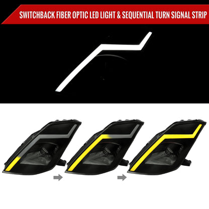 2003-2005 Nissan 350Z Switchback Sequential Turn Signal Animated LED Bar Projector Headlights (Matte Black Housing/Smoked Lens)