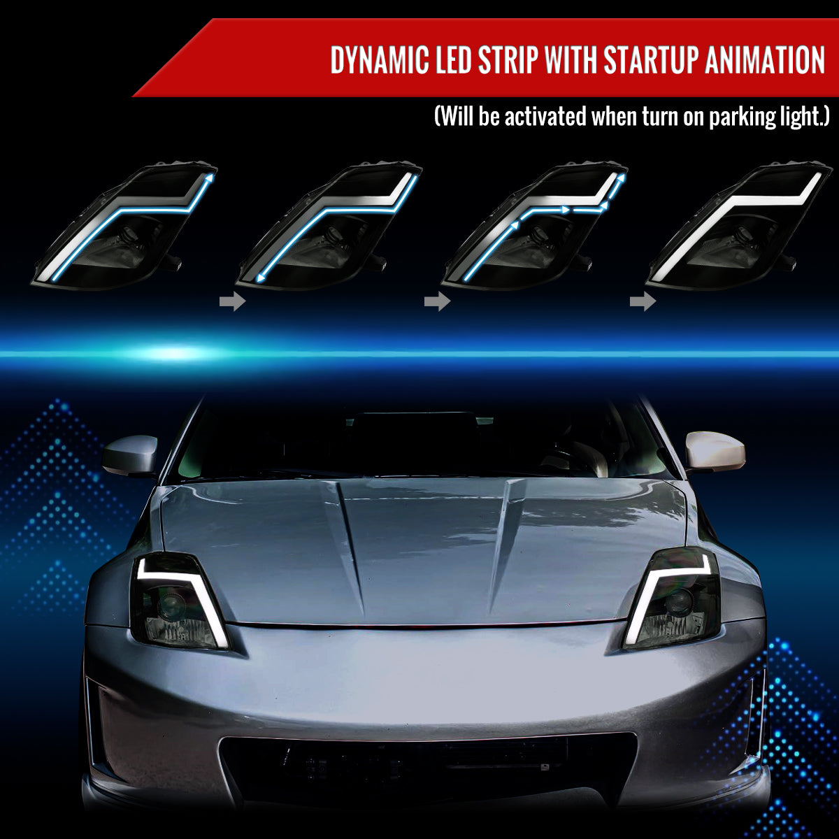 2003-2005 Nissan 350Z Switchback Sequential Turn Signal Animated LED Bar Projector Headlights (Matte Black Housing/Smoked Lens)