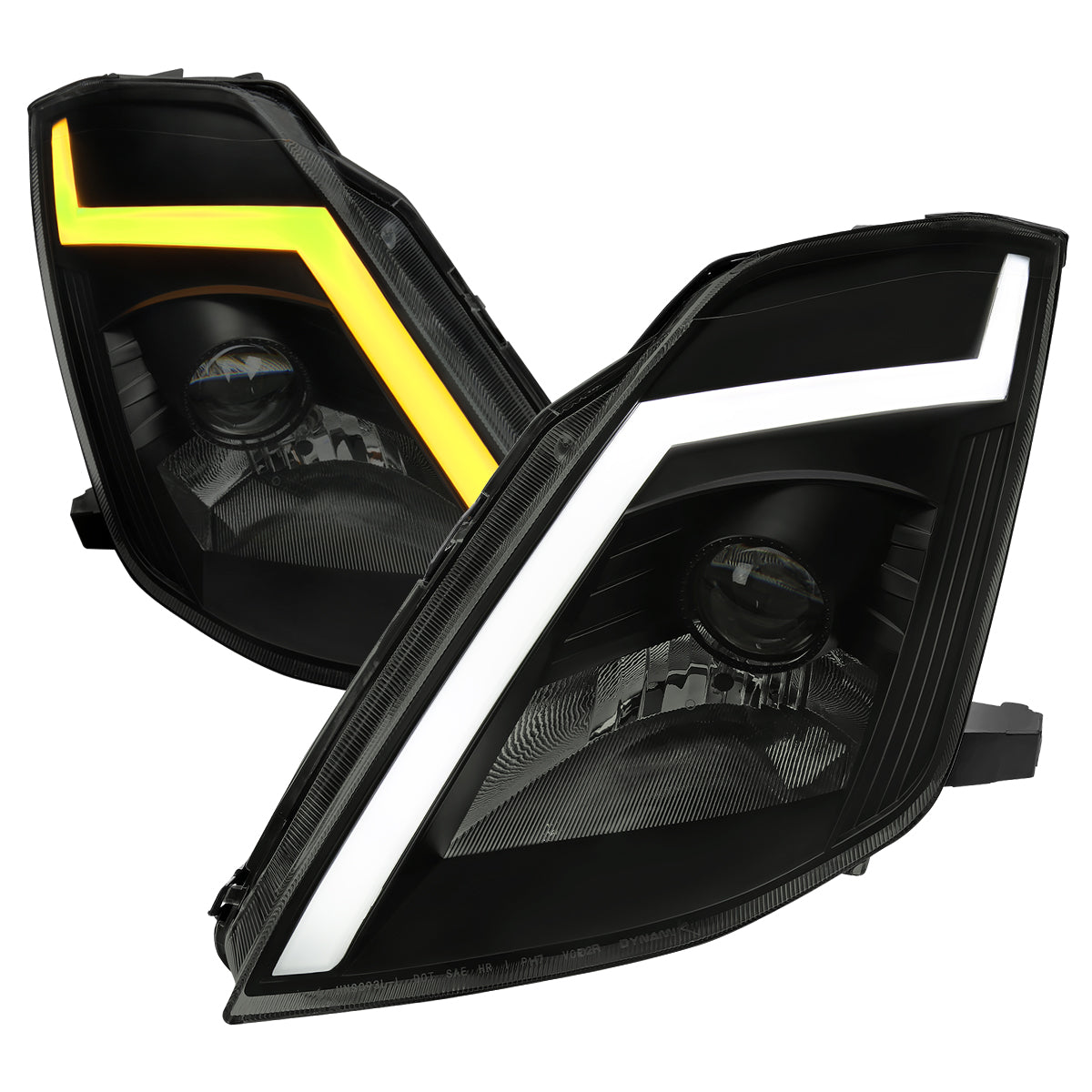 2003-2005 Nissan 350Z Switchback Sequential Turn Signal Animated LED Bar Projector Headlights (Matte Black Housing/Smoked Lens)