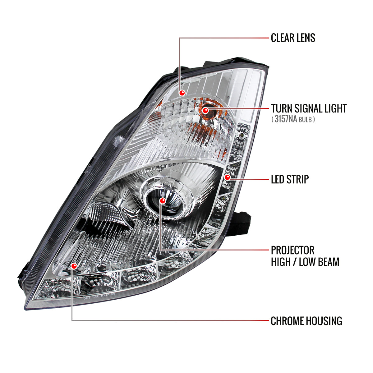 2006-2009 Nissan 350Z SMD LED Light Strip Projector Headlights (Chrome Housing/Clear Lens)