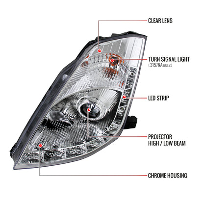 2006-2009 Nissan 350Z SMD LED Light Strip Projector Headlights (Chrome Housing/Clear Lens)