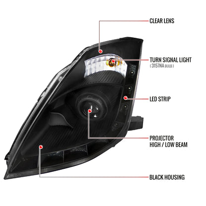 2006-2009 Nissan 350Z SMD LED Light Strip Projector Headlights (Matte Black Housing/Clear Lens)