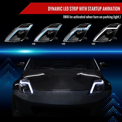 2006-2009 Nissan 350Z Switchback Sequential Turn Signal Animated LED Bar Projector Headlights (Matte Black Housing/Clear Lens)