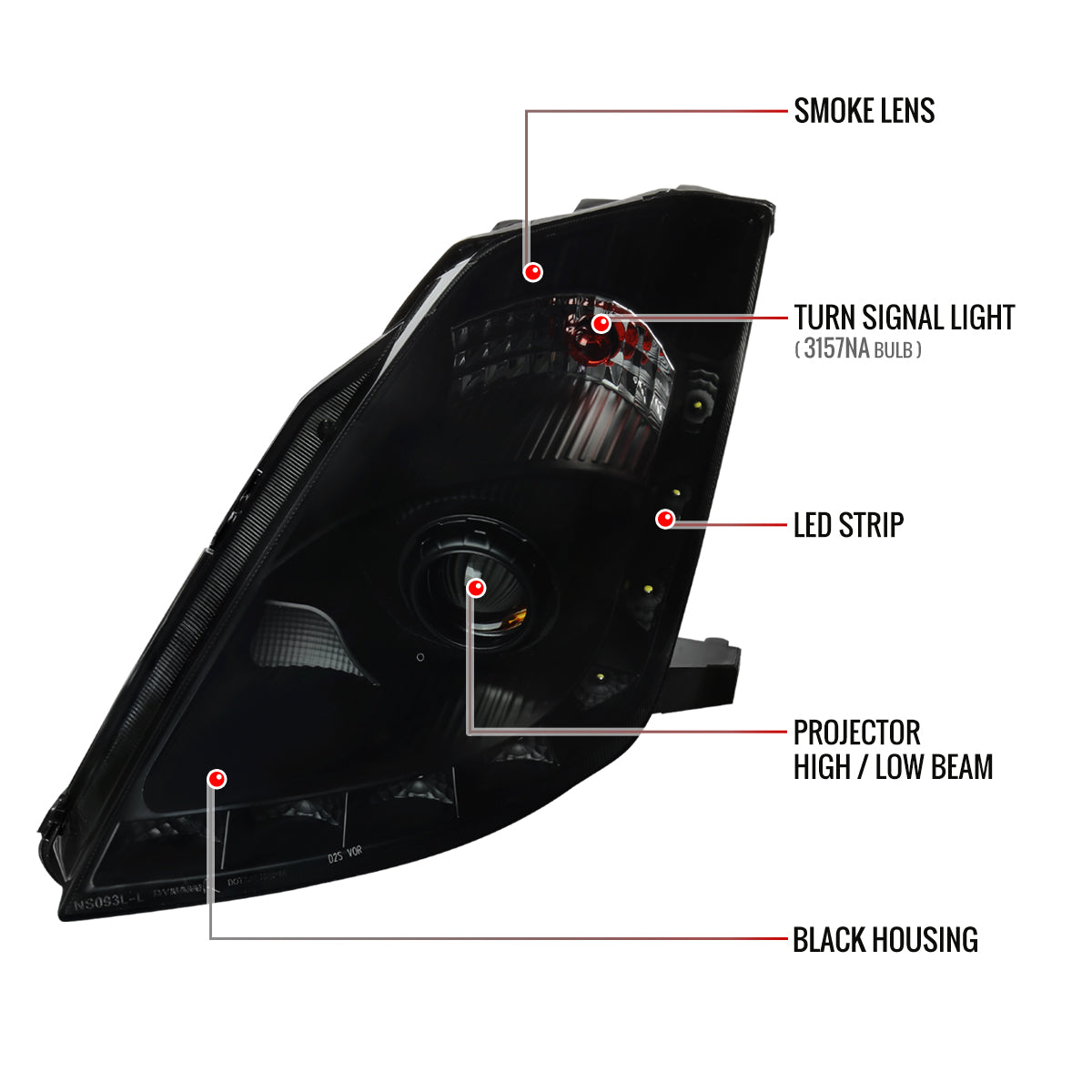 2006-2009 Nissan 350Z SMD LED Light Strip Projector Headlights (Black Housing/Smoked Lens)