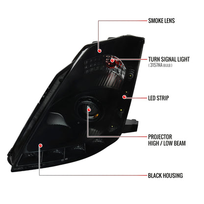 2006-2009 Nissan 350Z SMD LED Light Strip Projector Headlights (Black Housing/Smoked Lens)
