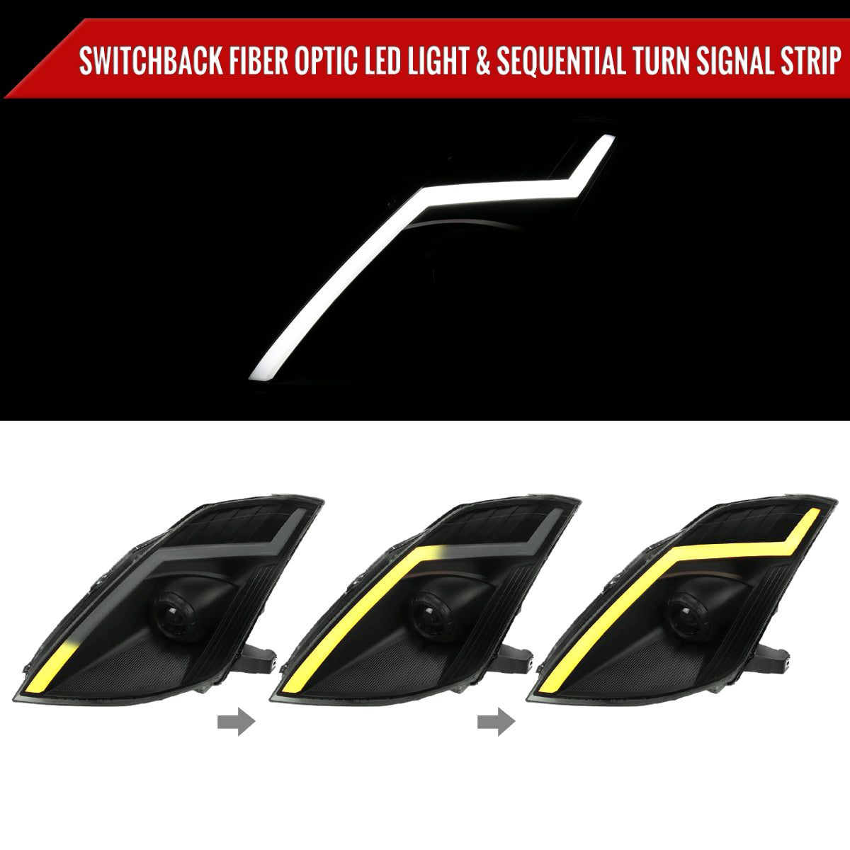 2006-2009 Nissan 350Z Switchback Sequential Turn Signal Animated LED Bar Projector Headlights (Matte Black Housing/Smoked Lens)