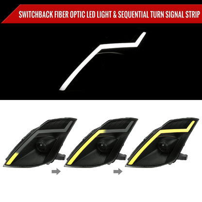 2006-2009 Nissan 350Z Switchback Sequential Turn Signal Animated LED Bar Projector Headlights (Matte Black Housing/Smoked Lens)