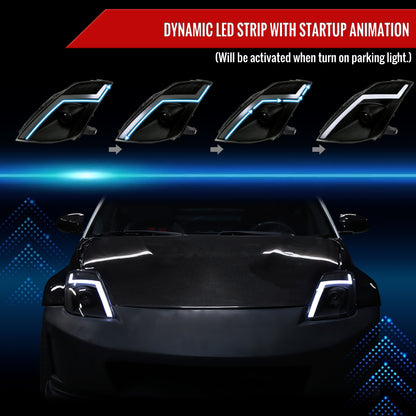 2006-2009 Nissan 350Z Switchback Sequential Turn Signal Animated LED Bar Projector Headlights (Matte Black Housing/Smoked Lens)