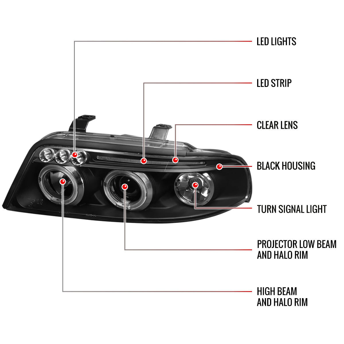 1999-2001 Audi A4/S4 Dual Halo Projector Headlights (Matte Black Housing/Clear Lens)