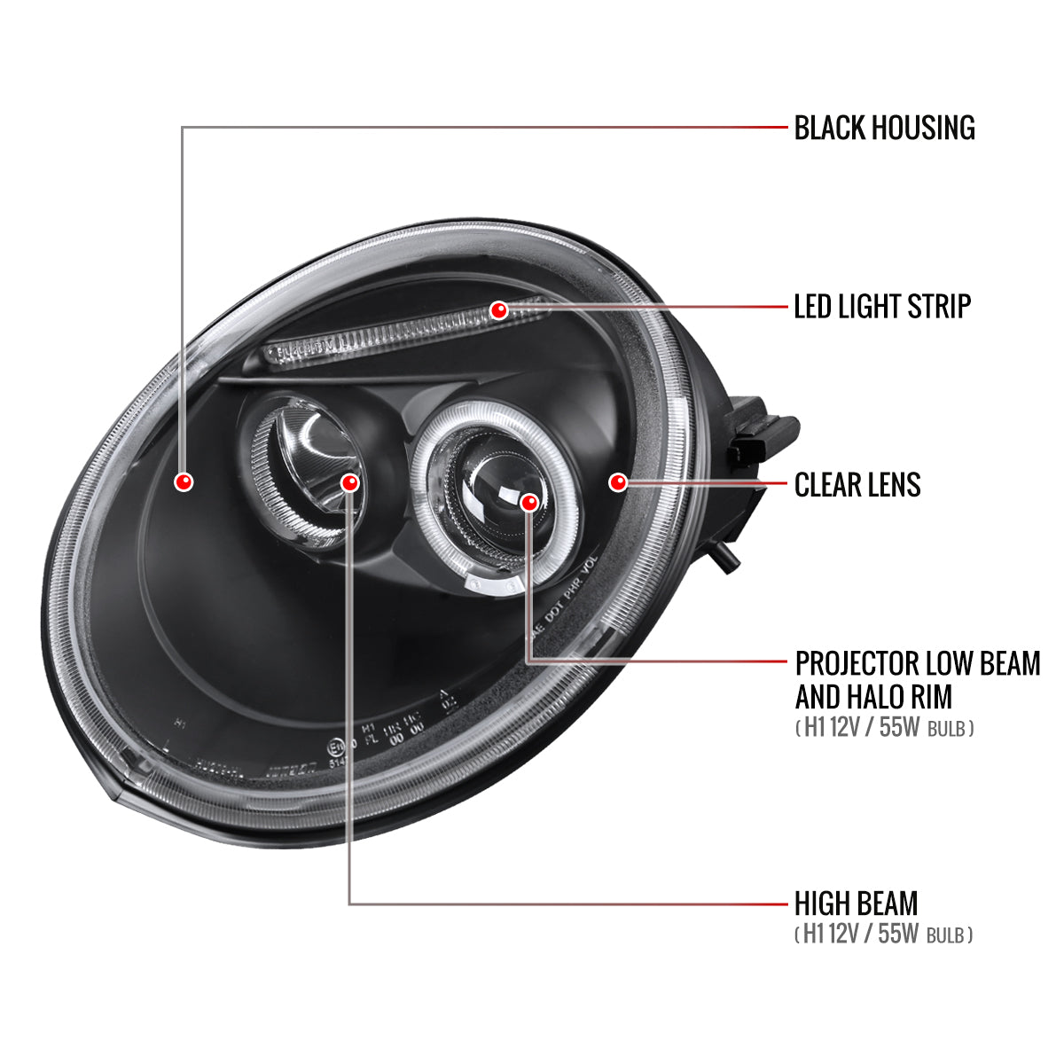 1998-2005 Volkswagen Beetle Halo Projector Headlights (Matte Black Housing/Clear Lens)
