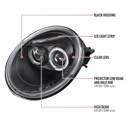 1998-2005 Volkswagen Beetle Halo Projector Headlights (Matte Black Housing/Clear Lens)
