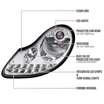 1997-2004 Porsche Boxster 986/911 996 LED Light Strip Projector Headlights w/ LED Turn Signal Lights (Chrome Housing/Clear Lens)