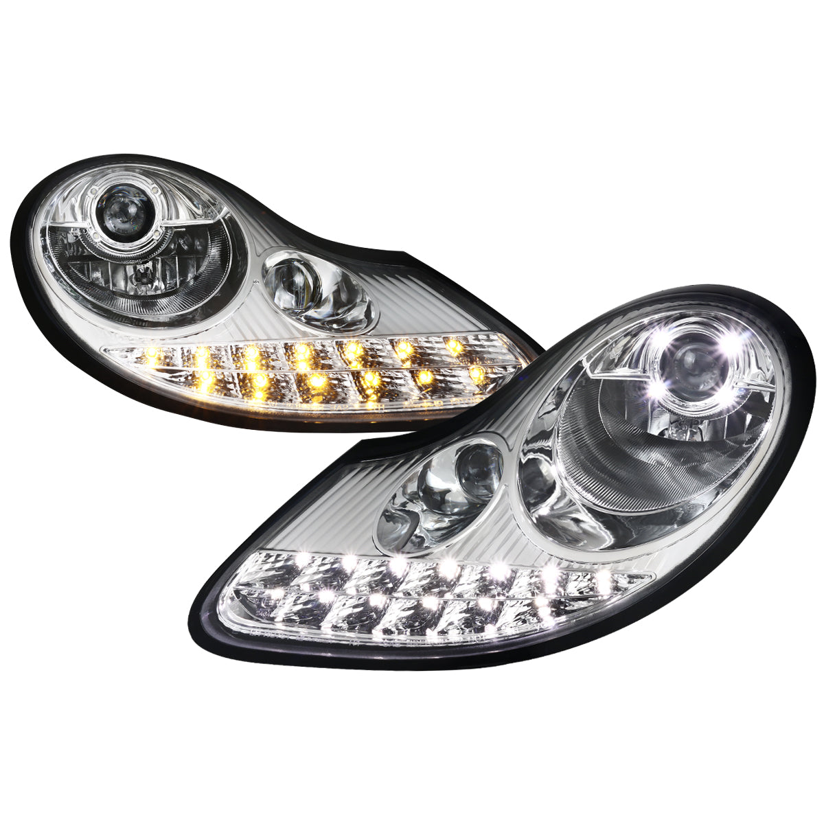 1997-2004 Porsche Boxster 986/911 996 LED Light Strip Projector Headlights w/ LED Turn Signal Lights (Chrome Housing/Clear Lens)