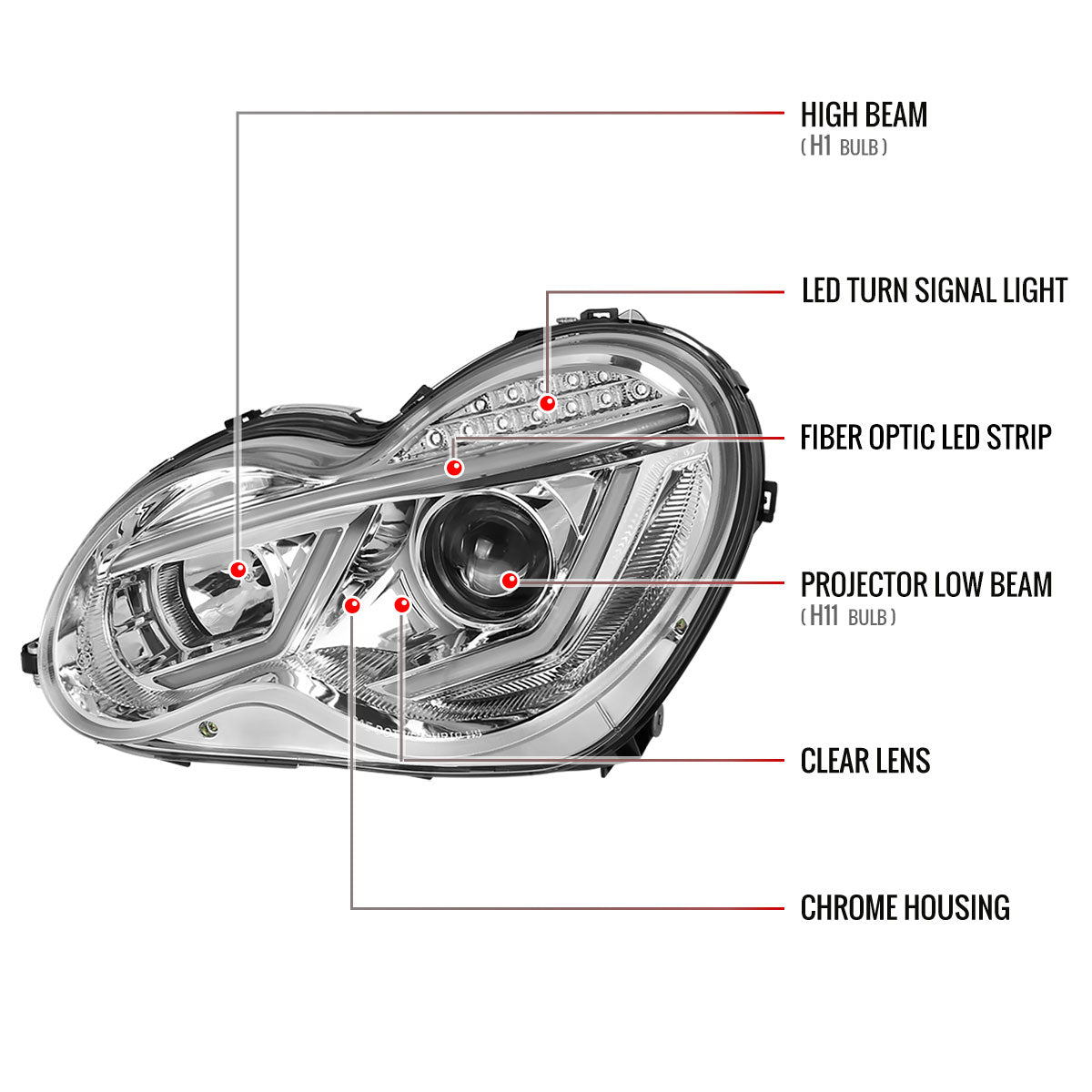 2001-2007 Mercedes Benz W203 C Class Sedan Projector Headlights w/ LED Light Bar & LED Turn Signal Lights (Chrome Housing/Clear Lens)