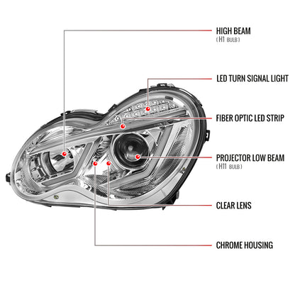 2001-2007 Mercedes Benz W203 C Class Sedan Projector Headlights w/ LED Light Bar & LED Turn Signal Lights (Chrome Housing/Clear Lens)