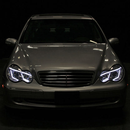 2001-2007 Mercedes Benz W203 C Class Sedan Projector Headlights w/ LED Light Bar & LED Turn Signal Lights (Chrome Housing/Clear Lens)
